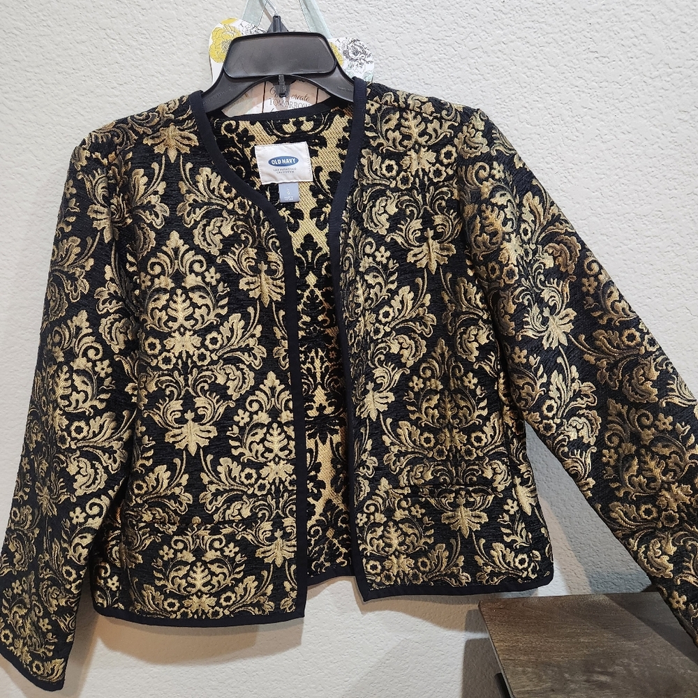 Old Navy Black and Gold Blazer with Ornate Design